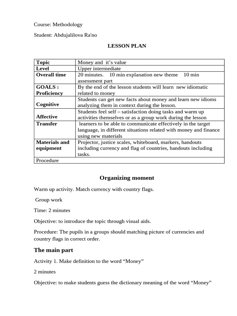 Lesson Plan | PDF | Lesson Plan | Money