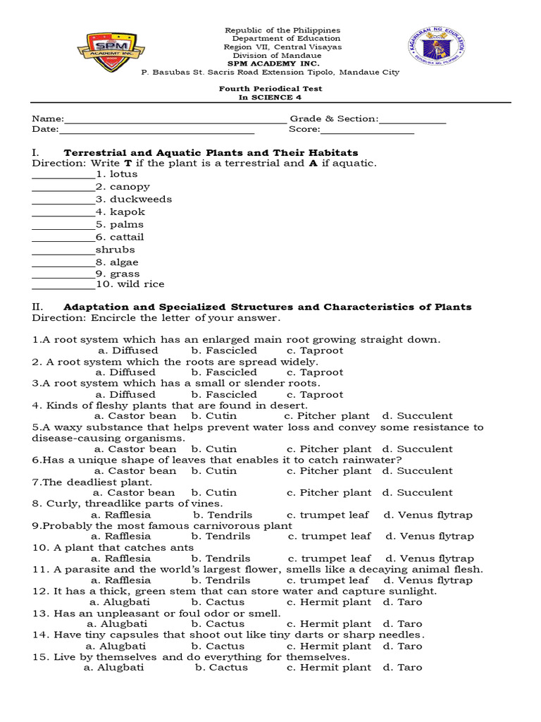Fourth Periodical Test In Science Pdf Plants Succulent Plant