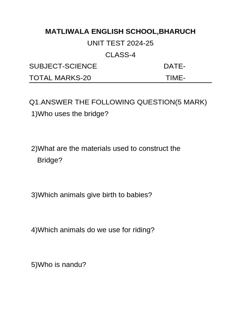 Class 4 Unit Test Paper Pdf