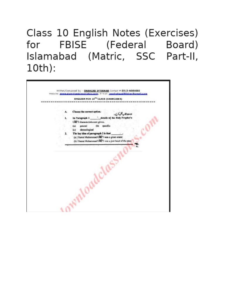 Class 10 English Notes FBISE | PDF
