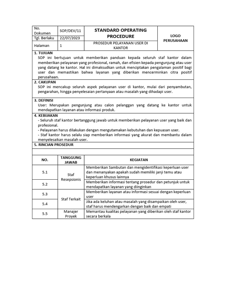 SOP Pelayanan User Di Kantor | PDF
