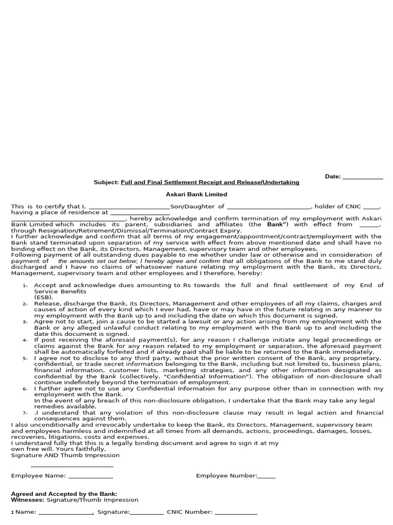Full and Final Settlement Receipt | PDF | Non Disclosure Agreement | Banks