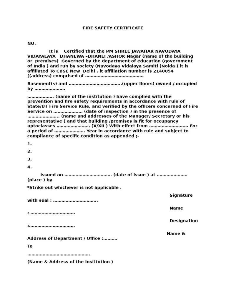 CBSE Fire Safety Certificate Template | PDF
