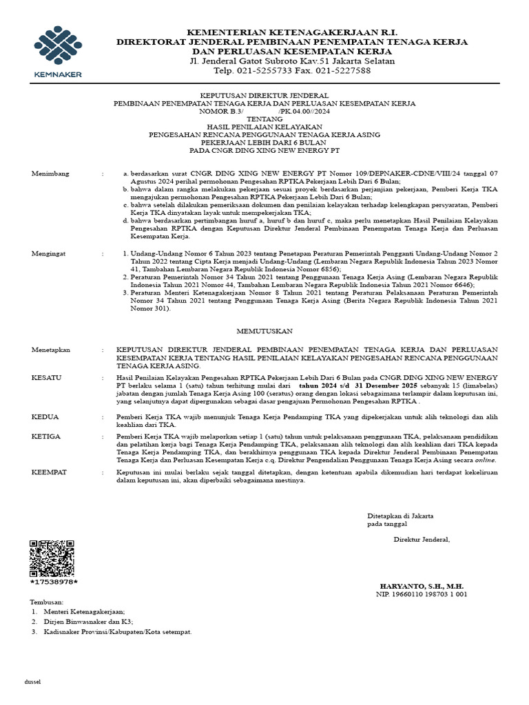 Pengesahan RPTKA TKA CNGR DING XING | PDF