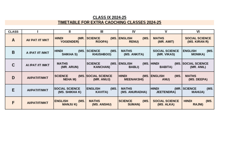 Class IX Extra Coaching Timetable 2024-25 | PDF