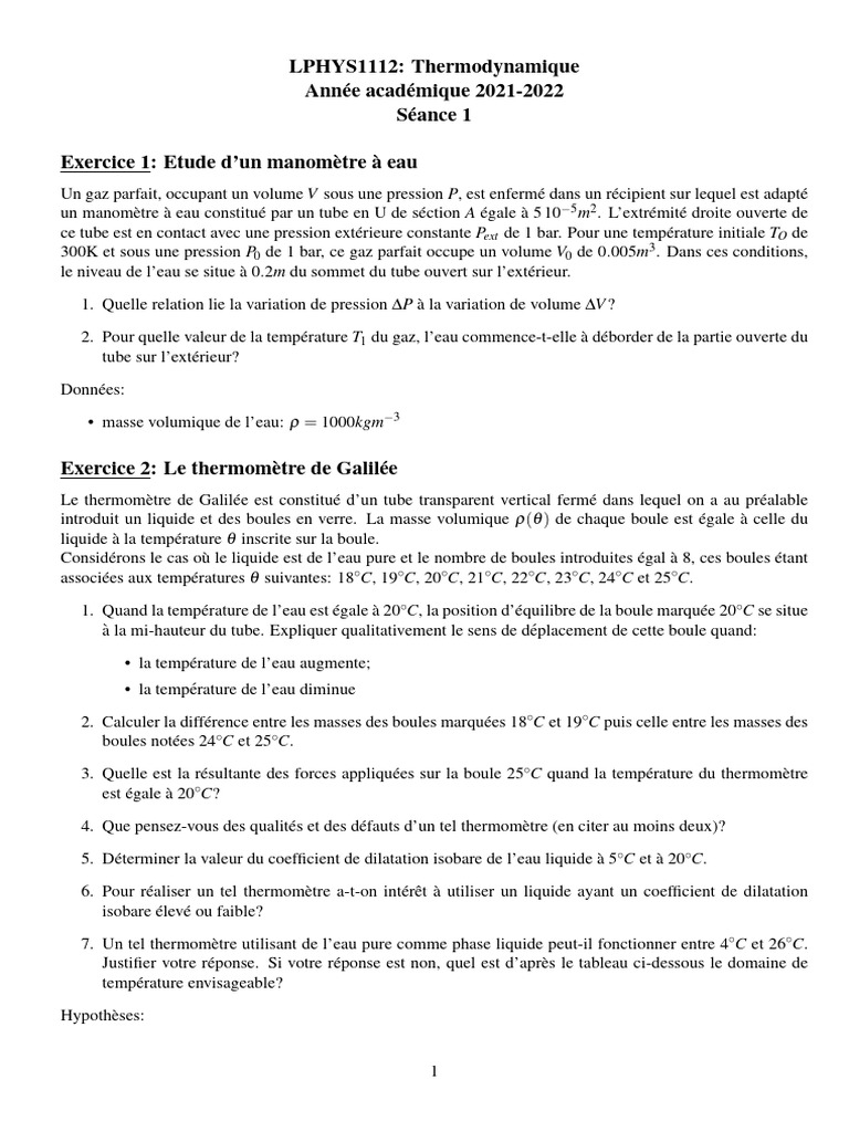 Exercices de thermodynamique et gaz parfaits | PDF | Atmosphère de la ...