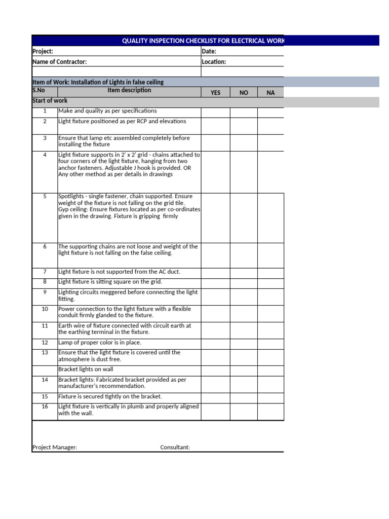 Quality Checklist Electrical Works | PDF | Electrical Wiring ...