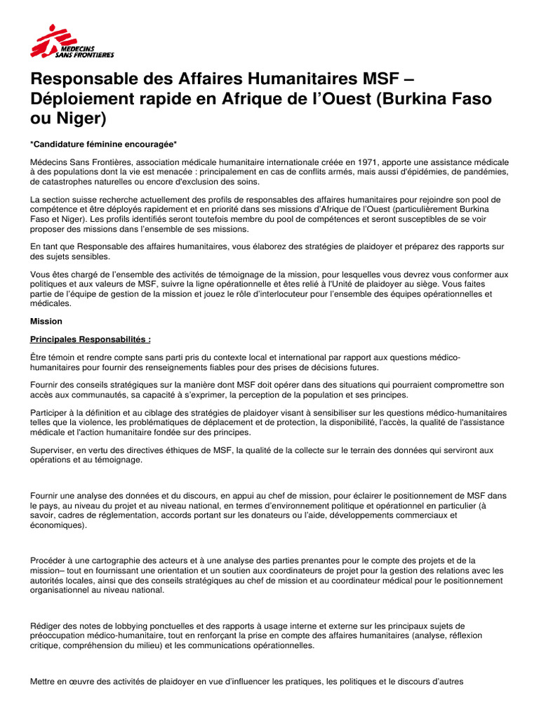 Responsable Humanitaire MSF Afrique de l'Ouest | PDF | Médecins sans ...