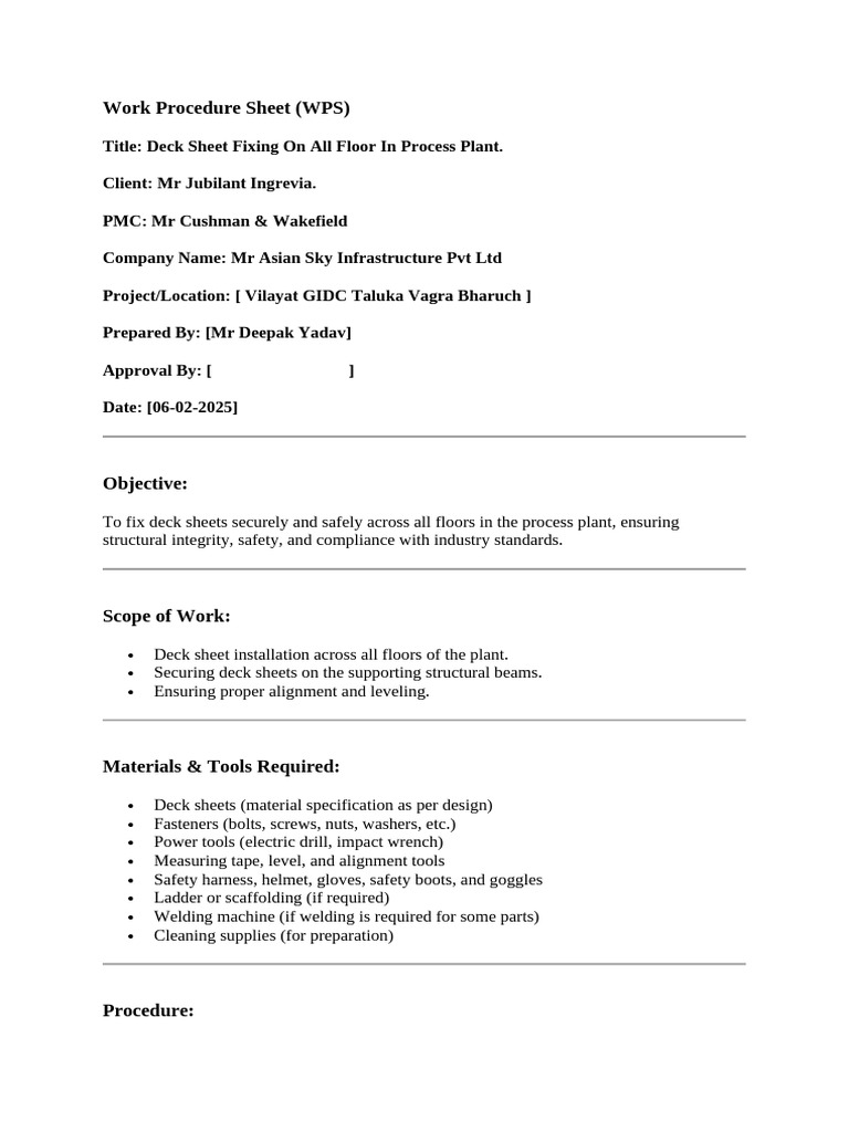 Work Procedure Shee1 | PDF | Screw