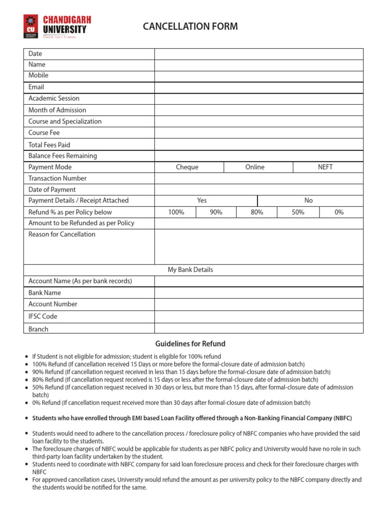 Chandigarh University Refund Guidelines | PDF | Banks | Fee