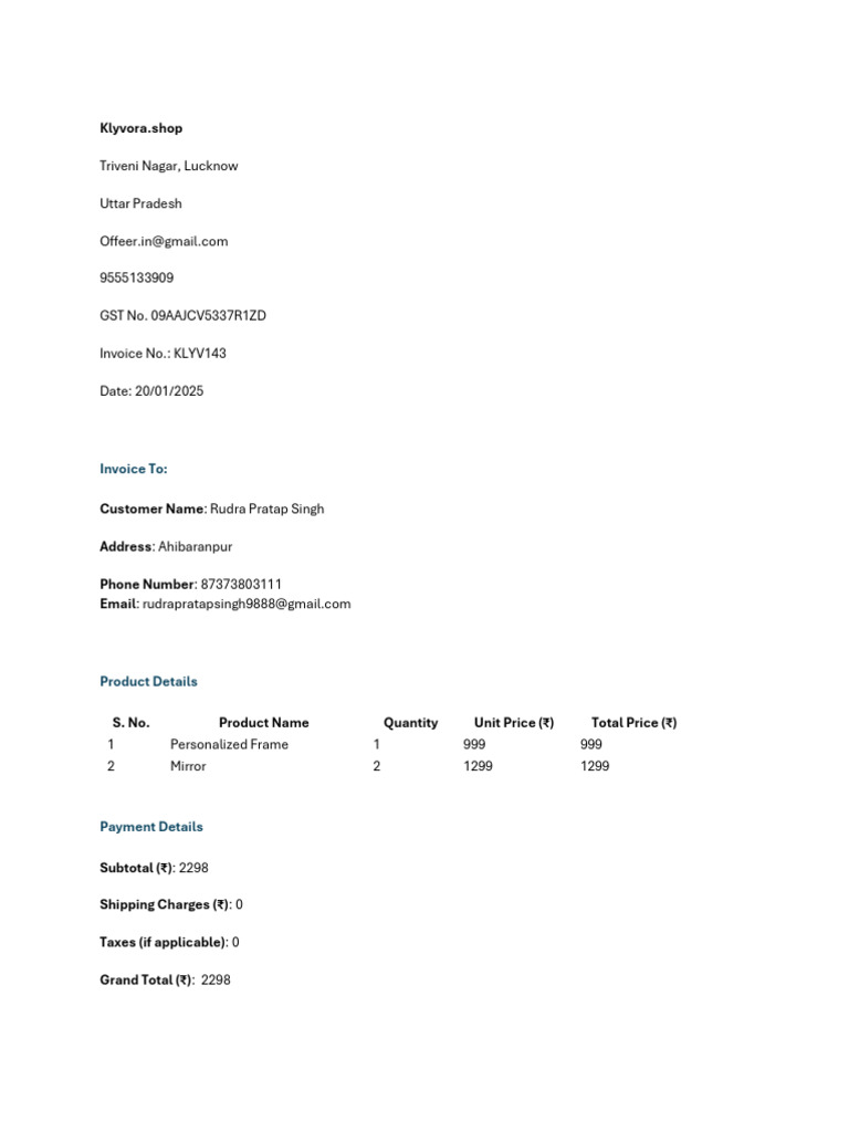 Klyvora.shop Invoice KLYV143 | PDF