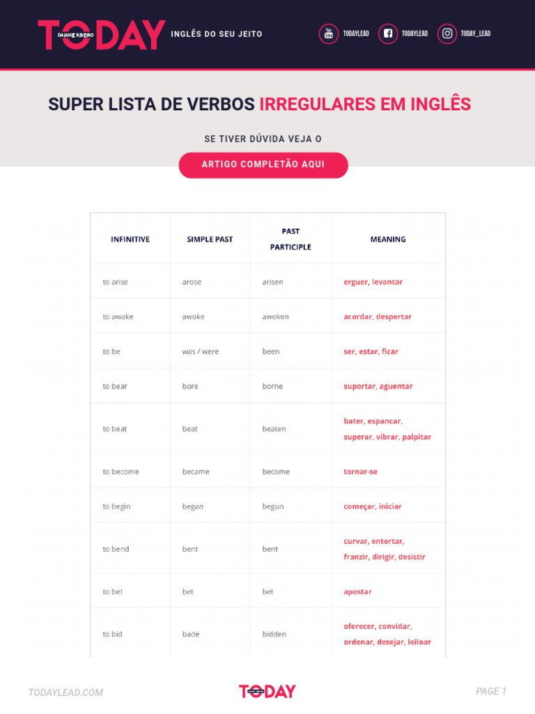 Lista de Verbos Irregulares em Ingles para Imprimir Today Lead | PDF