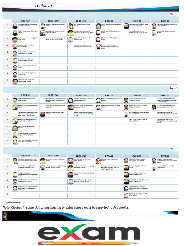 Tentative Datesheet of Sessional 1 Exam Fall-2024 | PDF | Mathematics
