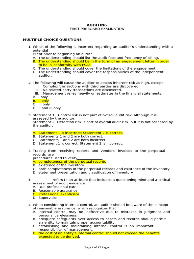Auditing Preboard Exam: MCQs Guide | PDF | Audit | Internal Control
