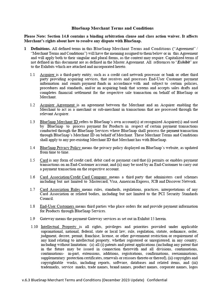 BlueSnap Merchant Terms and Conditions v6.3 December 2023 Update | PDF ...