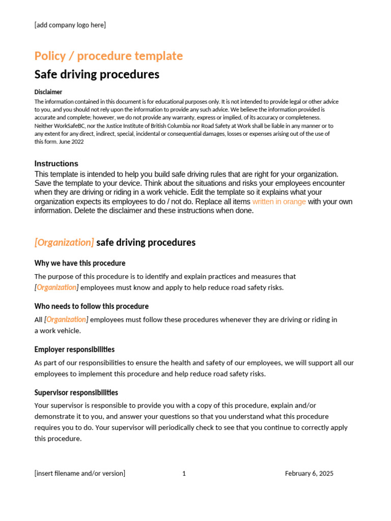 Safe Driving Procedures Template | PDF | Driving | Traffic
