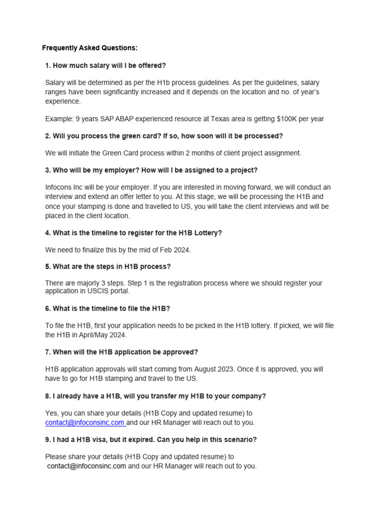 H1B Visa Process FAQs for Infocons Inc | PDF | H 1 B Visa | Travel Visa