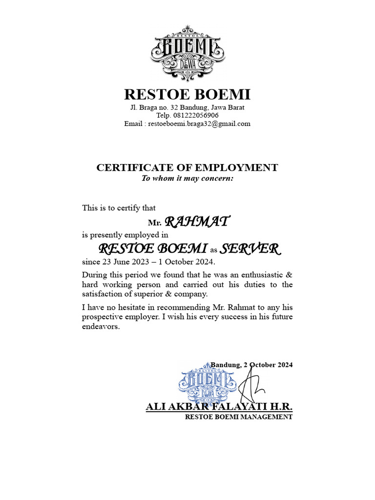Paklaring Kerja - Rahmat | PDF