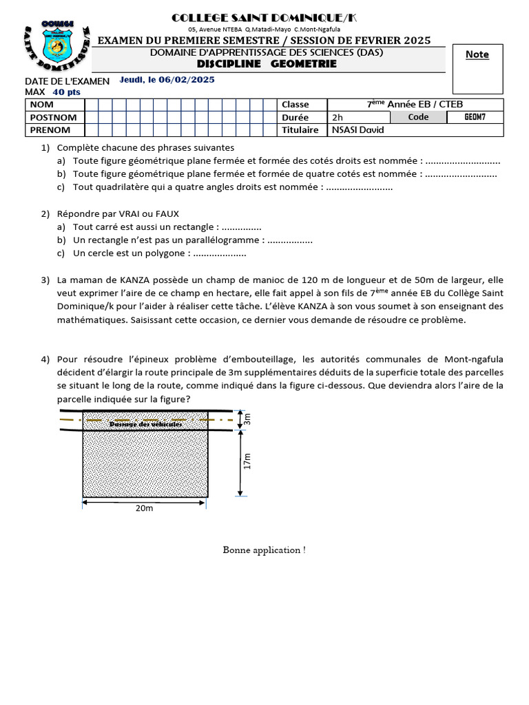 Examen de Géométrie - 7ème Année | PDF | Zone | Géométrie euclidienne
