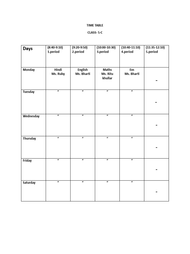 Class 5-C Weekly Time Table | PDF