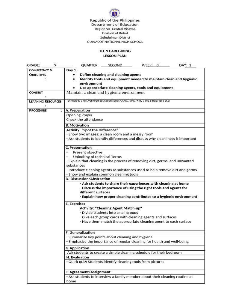 Caregiving Lesson Plan: Hygiene & Environment | PDF | Hand Washing