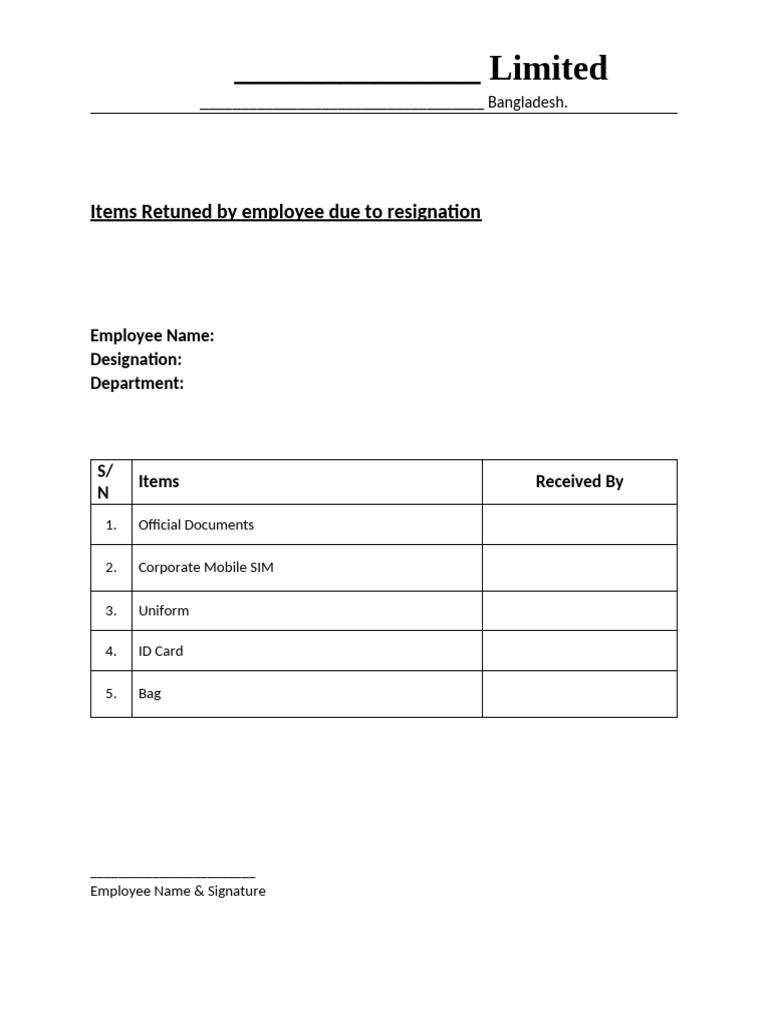 Returned items on resignation pdf