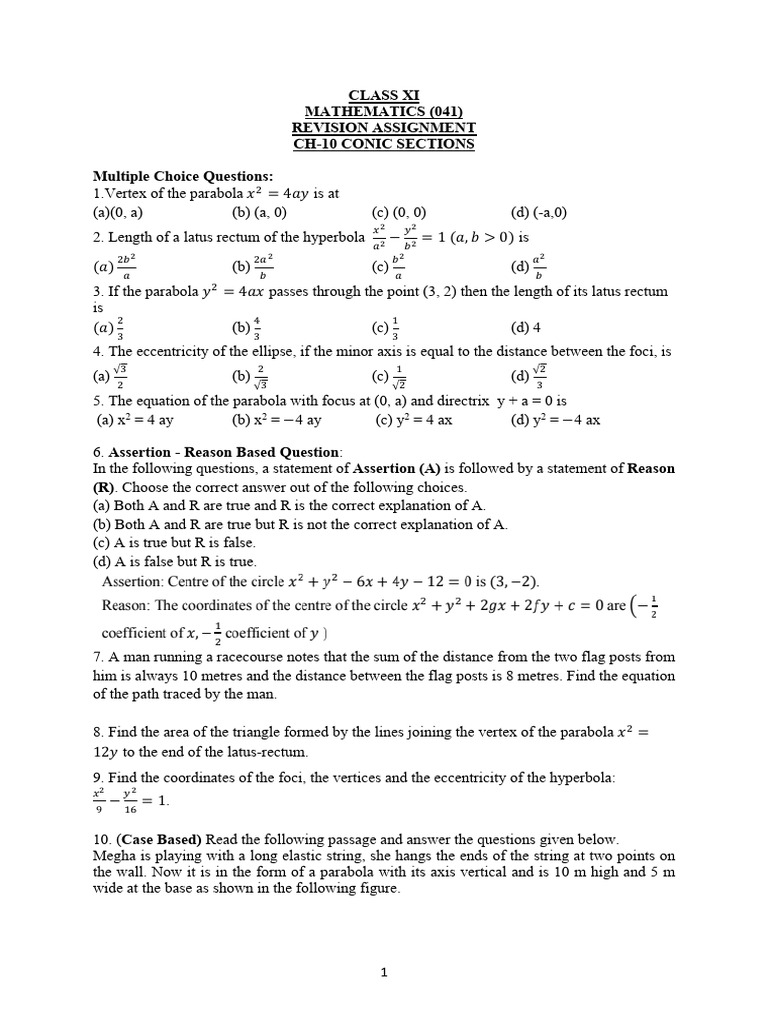 Class XI Mathematics: Conic Sections MCQs | PDF | Analytic Geometry ...
