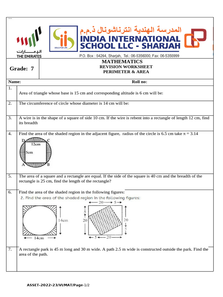7th Grade Math: Perimeter & Area Worksheet | PDF