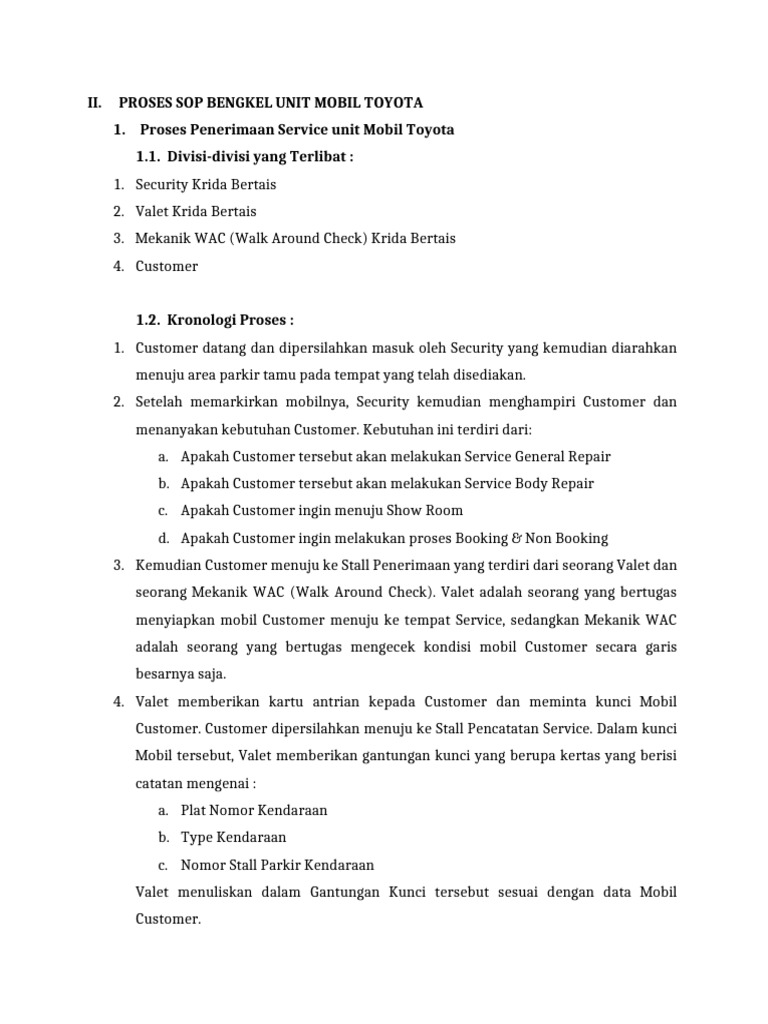 Proses Penerimaan Service Mobil Toyota | PDF