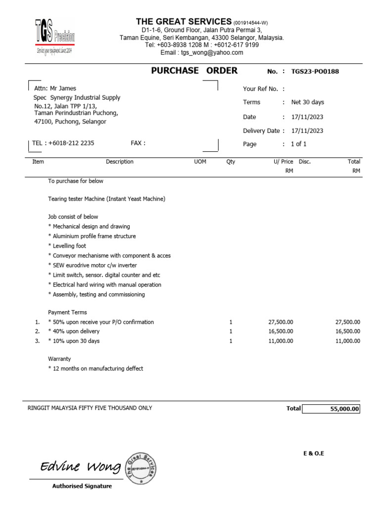 Purchase Order for Tearing Tester Machine | PDF