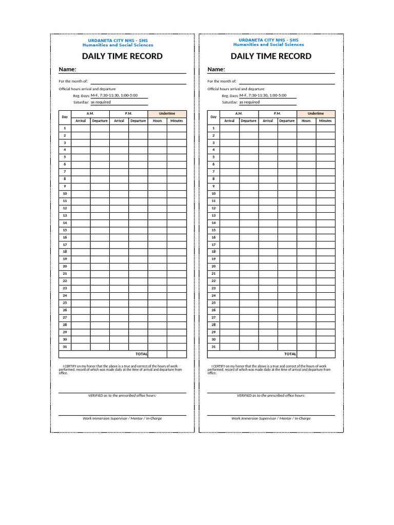Daily Time Record for Work Immersion | PDF