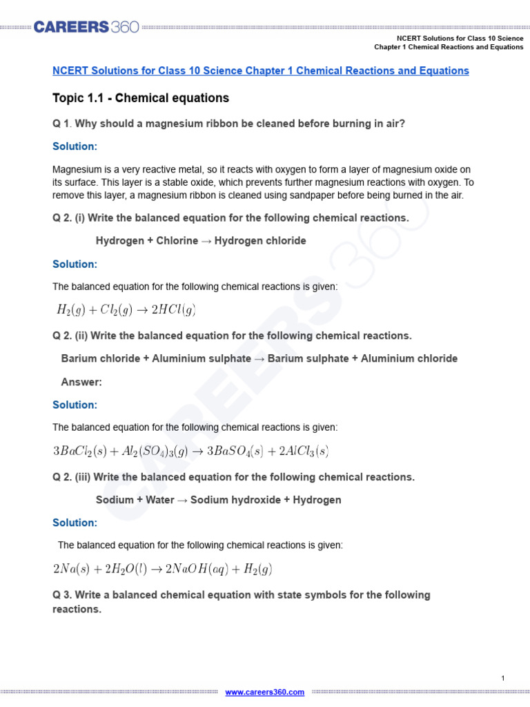 NCERT Solutions For Class 10 Science Chapter 1 Chemical Reactions and ...
