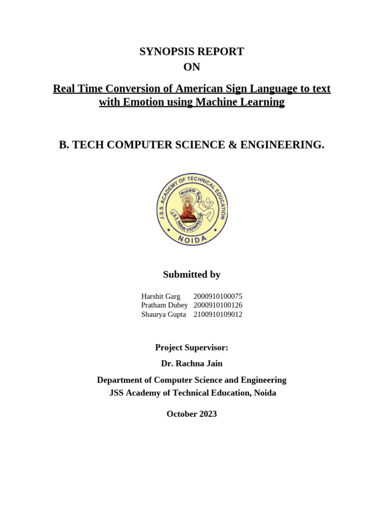 Project Synopsis (2) (1) | PDF | Computer Vision | Sign Language