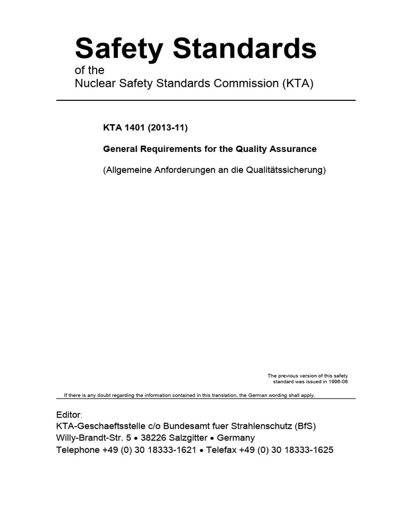 KTA 1401: Quality Assurance Standards | PDF | Quality Assurance ...