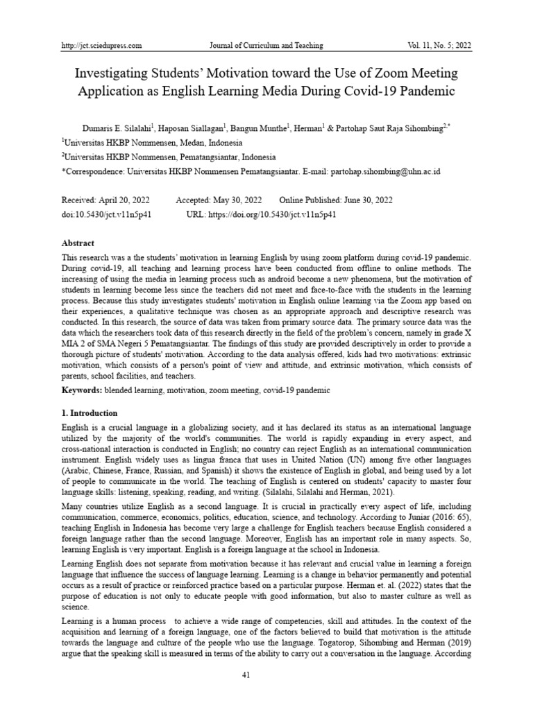 Investigating Students' Motivation Toward The Use of Zoom Meeting | PDF ...