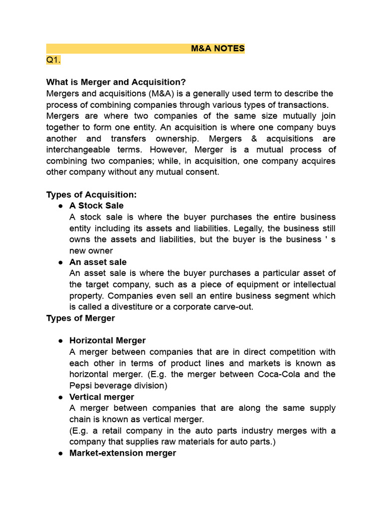 M&a Notes | PDF | Mergers And Acquisitions | Loans