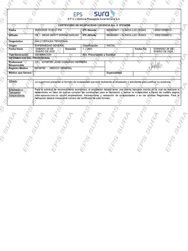 Certificado de Incapacidad EPS SURA | PDF | Medicina | Cuidado de la salud