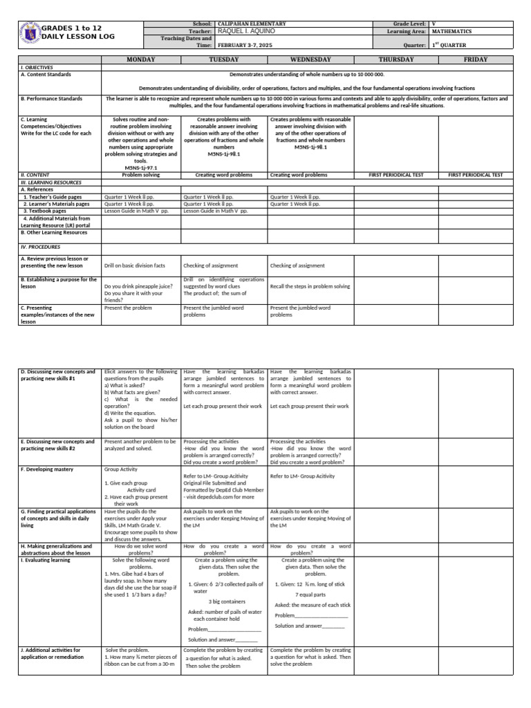 Grade 5 Math Daily Lesson Plan | PDF | Learning | Mathematics