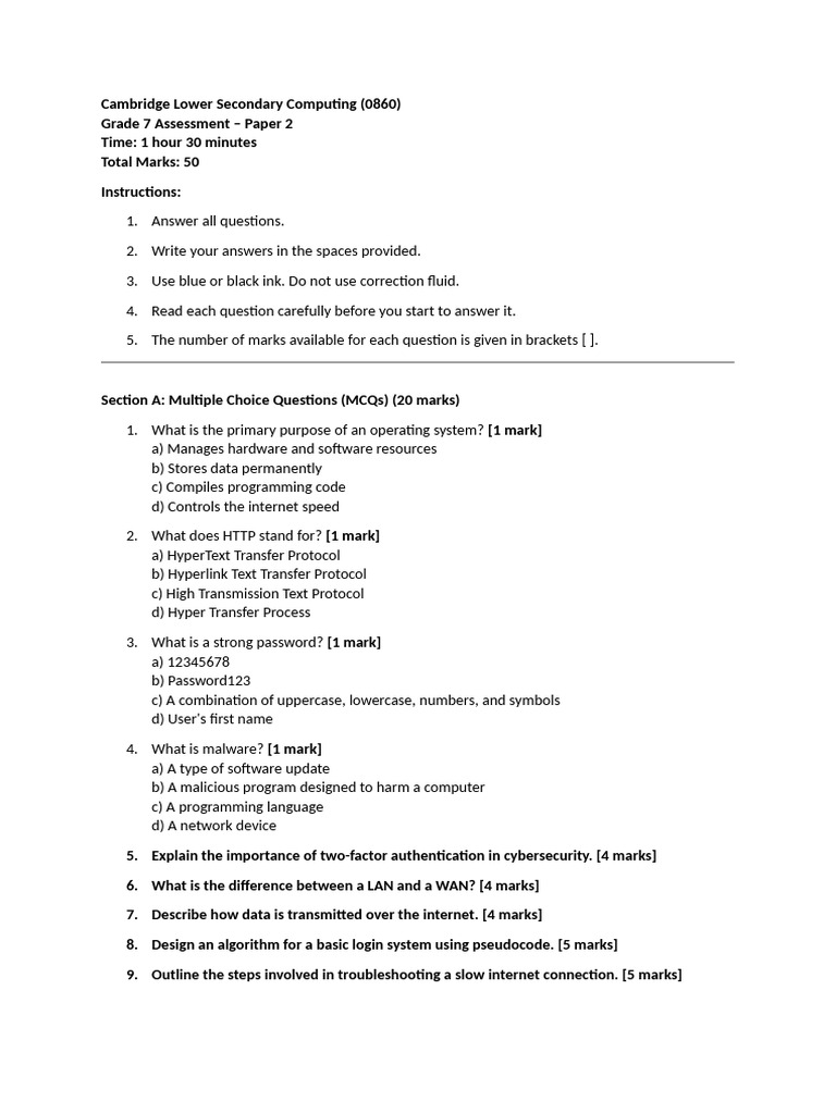 Grade 7 Computing Assessment Paper 2 | PDF