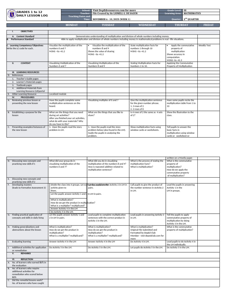 Grade 3 Math Lesson Plan: Multiplication | PDF | Multiplication | Learning