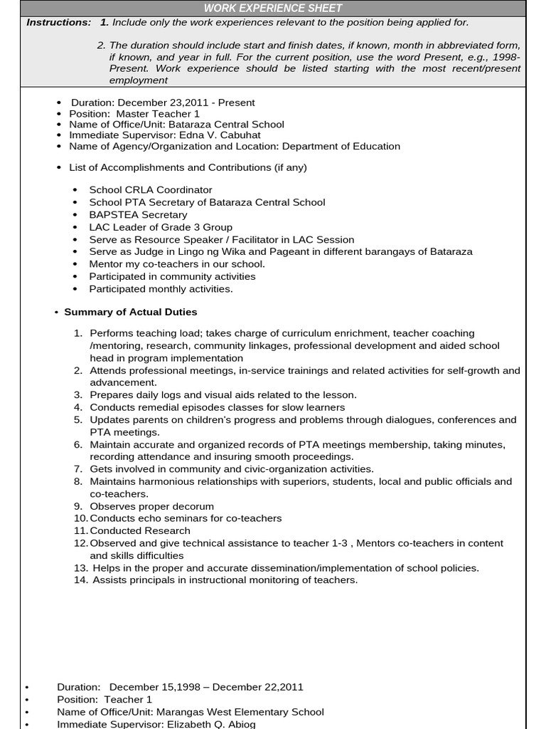 Work Experience Sheet for Educators | PDF | Mentorship | Teachers