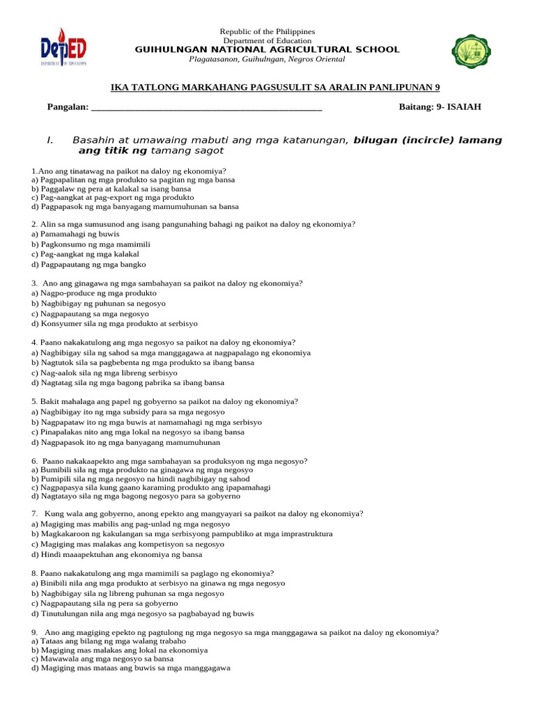 AP 9 Exam 3rd Quarter | PDF