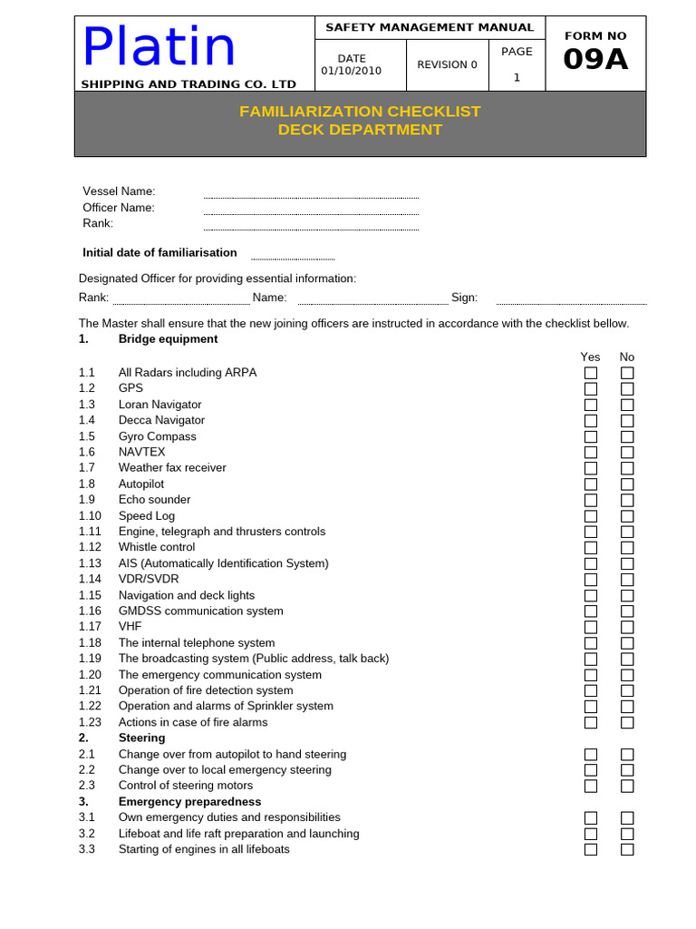 Deck Department Familiarization Checklist | PDF | Oil Tanker | Shipping