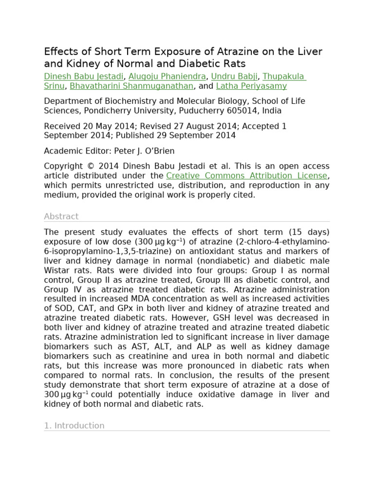 Effects of Short Term Exposure of Atrazine On The Liver and Kidney of ...