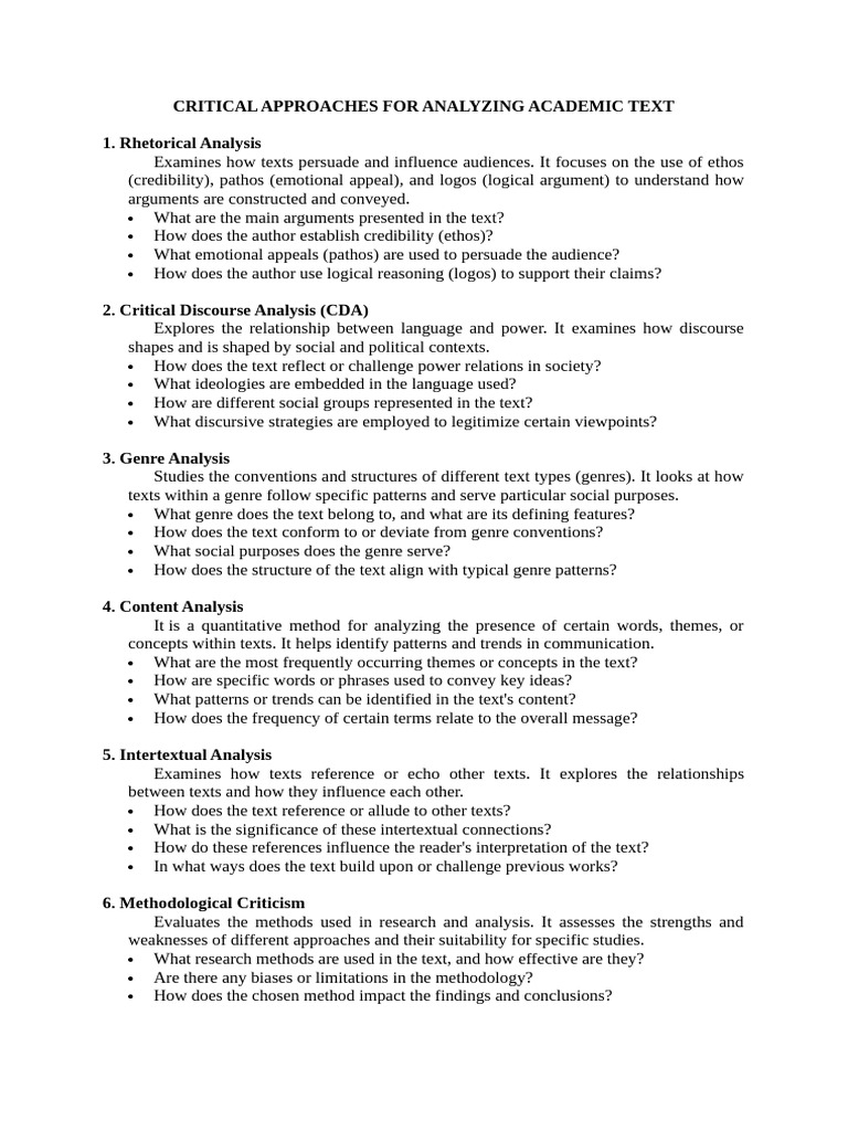Critical Approaches For Analyzing Academic Text 1 | PDF | Genre | Feminism