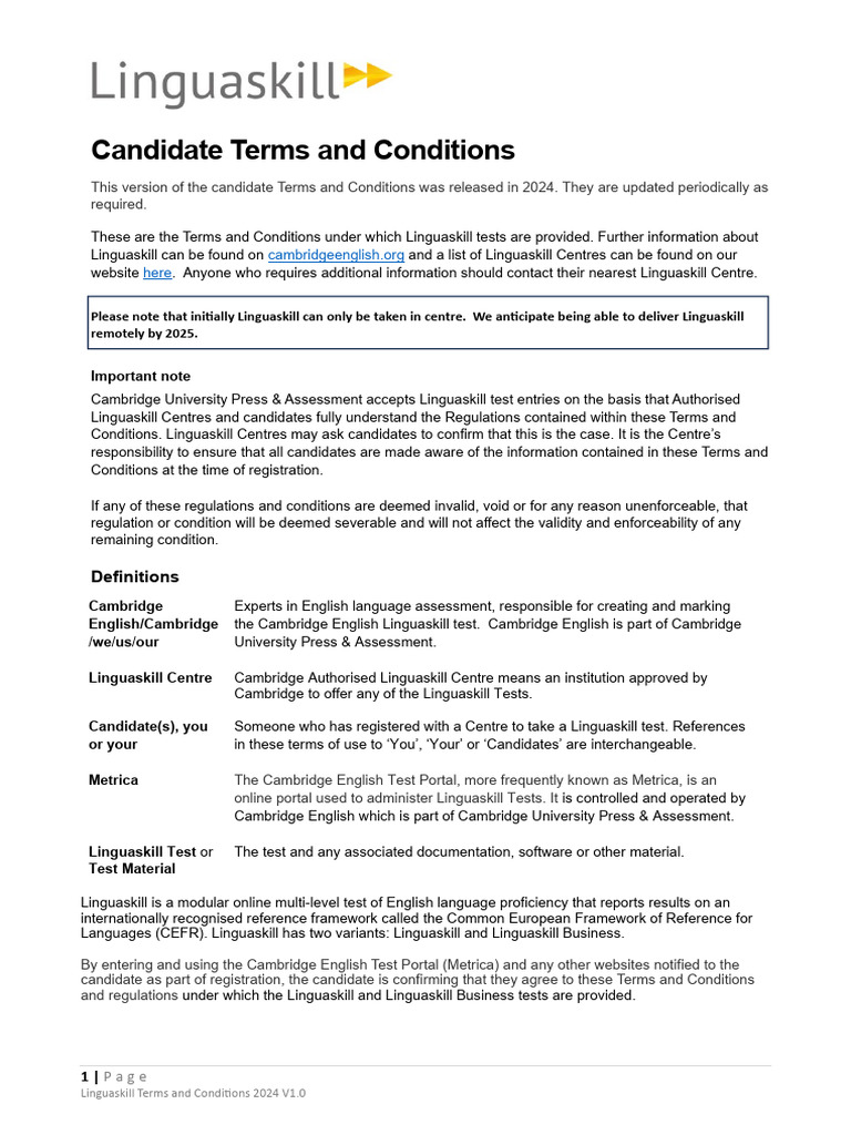 Linguaskill Test Terms 2024 | PDF | Identity Document