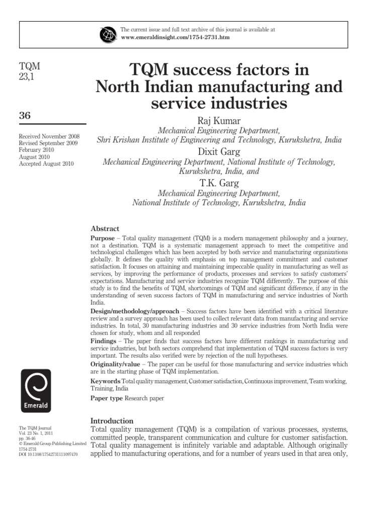 TQM success factors in North Indian manufacturing and service ...