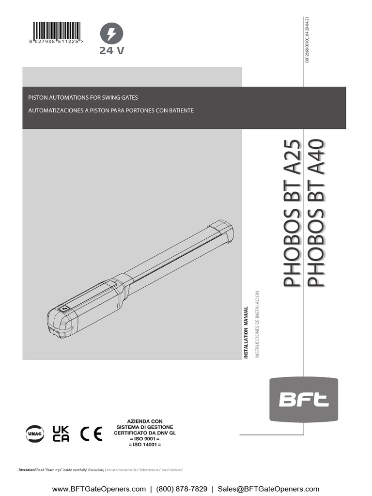BFT Phobos BT A25/A40 Installation Manual PDF Manufactured Goods — free download