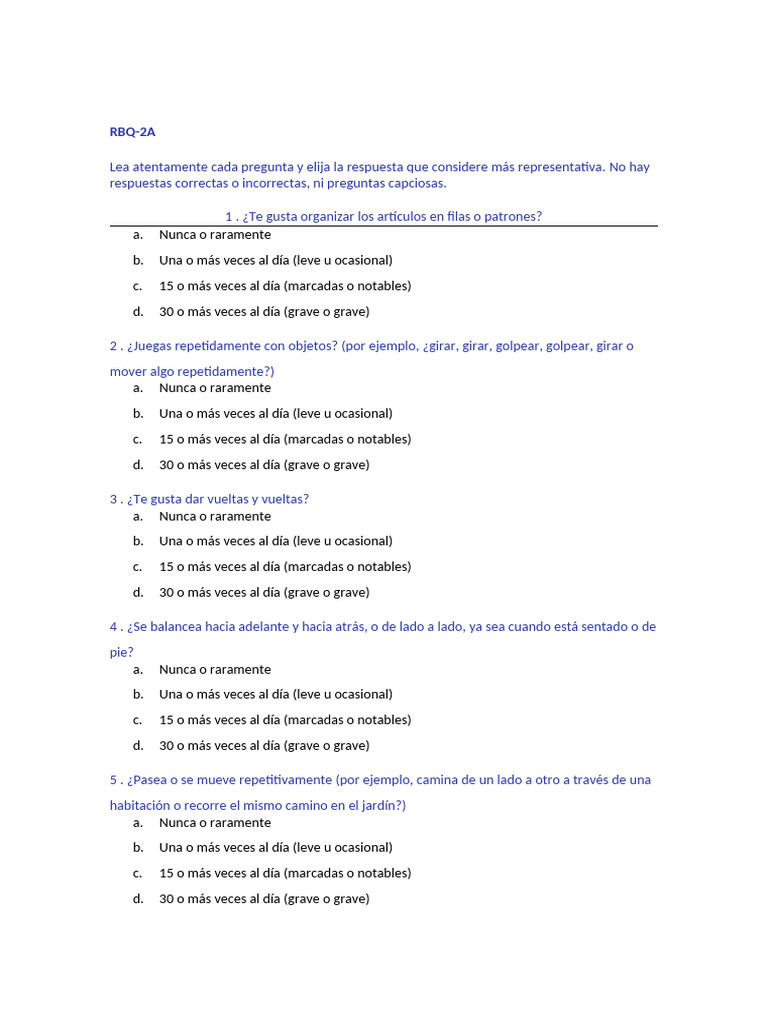 Cuestionario sobre Comportamientos Repetitivos | PDF