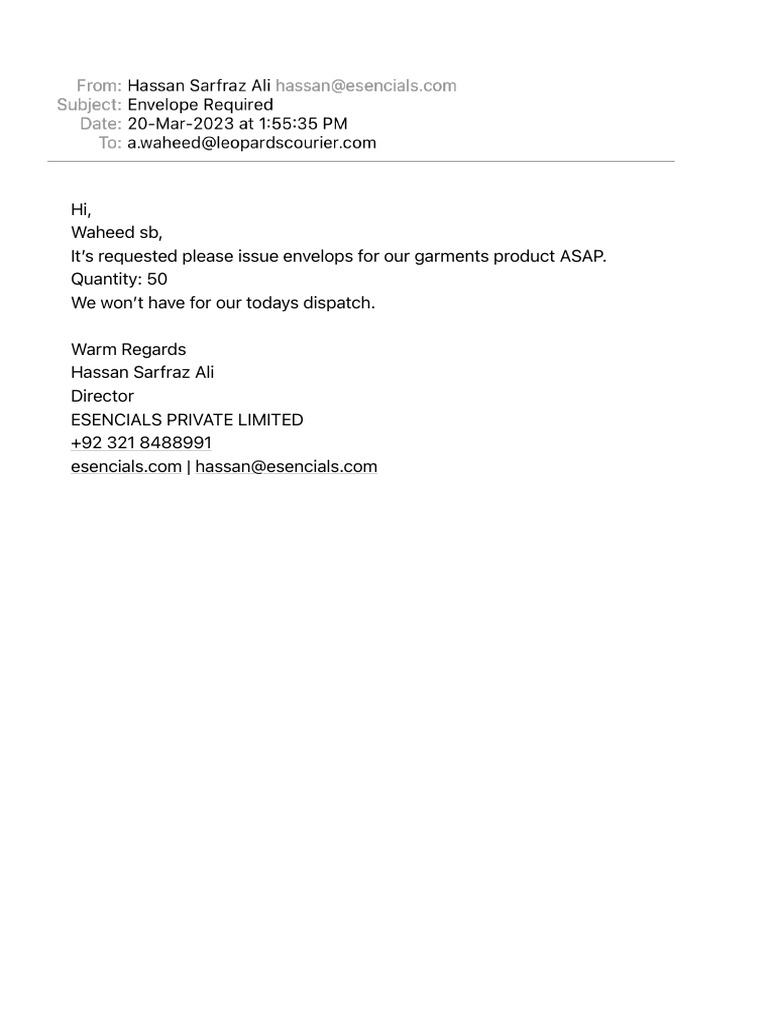 Urgent Request for Garment Envelopes | PDF